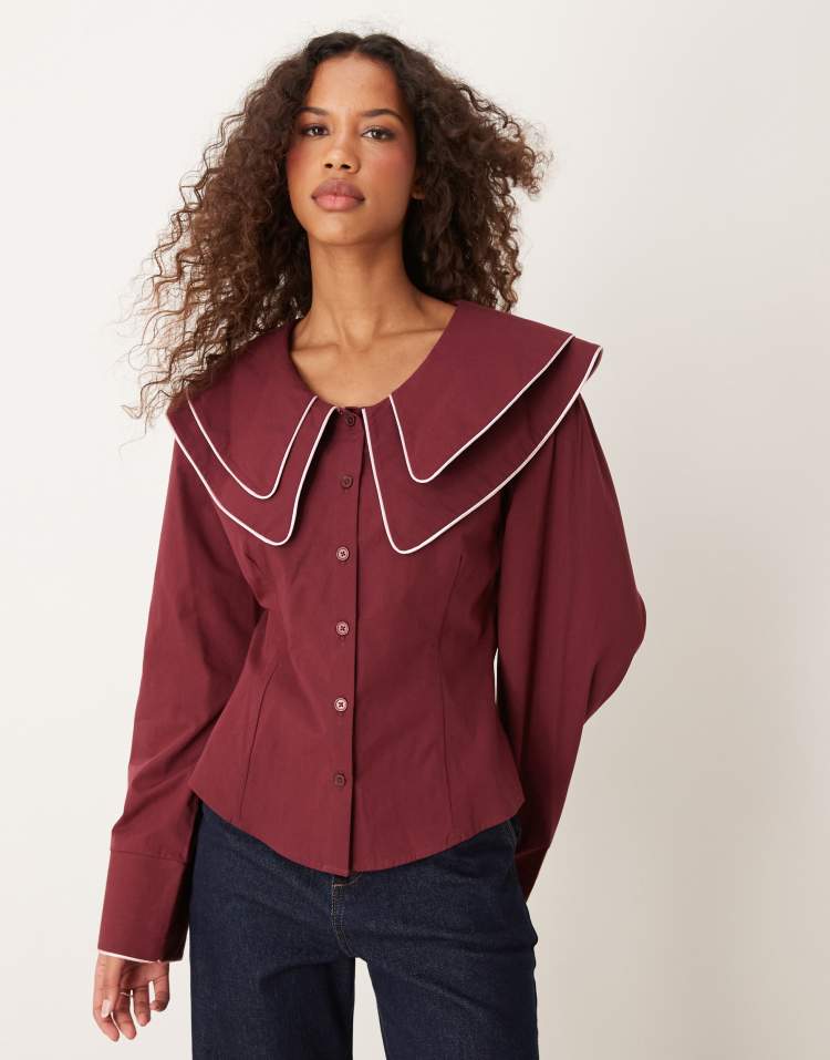 Poplin double collar fitted shirt in burgundy