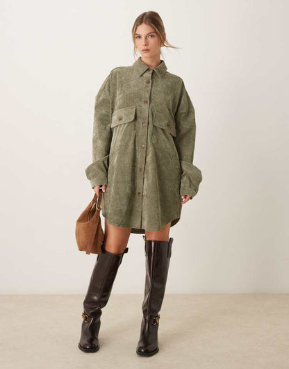 Oversized cord shirt dress in khaki