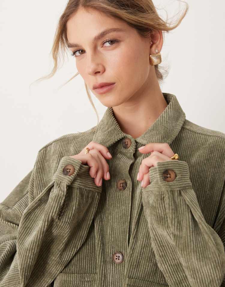 Oversized cord shirt dress in khaki