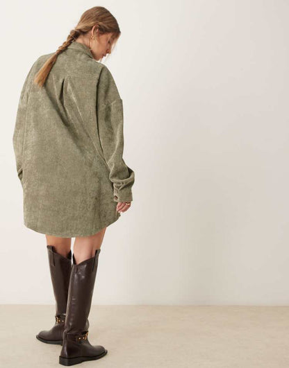 Oversized cord shirt dress in khaki