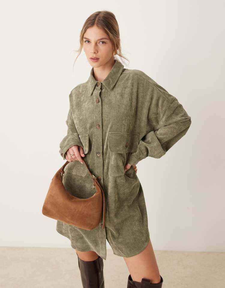 Oversized cord shirt dress in khaki