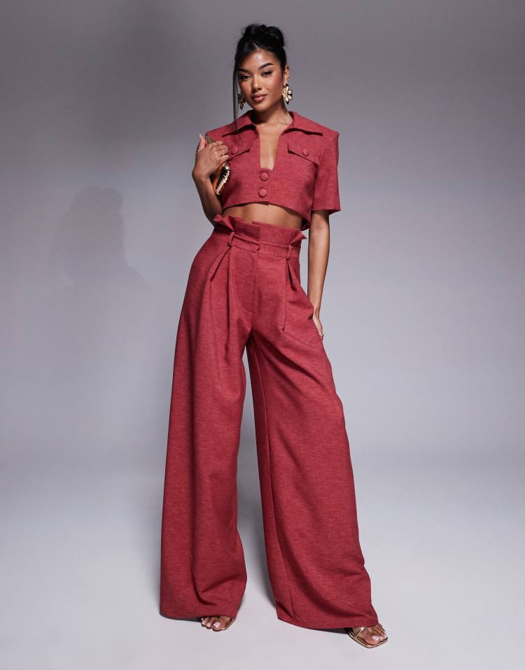 Co-ord paper bag wide leg trouser in raspberry