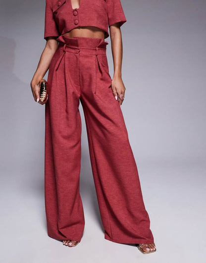 Co-ord paper bag wide leg trouser in raspberry