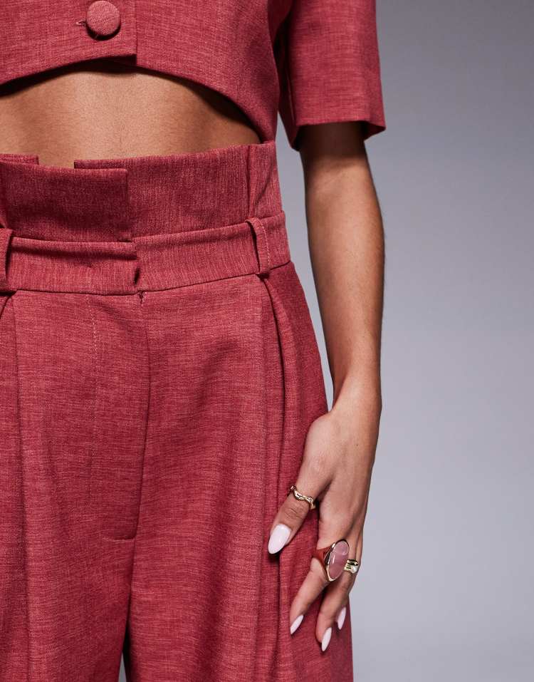 Co-ord paper bag wide leg trouser in raspberry