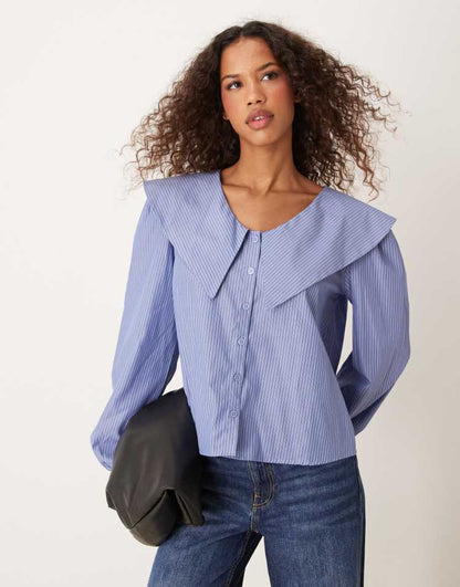 Oversized collar blouse in blue stripe