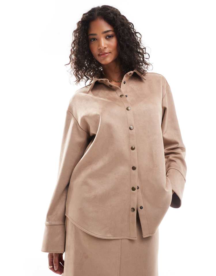 Suedette oversized shirt in tan