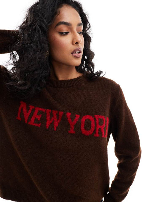 Knitted jumper with New York graphic in chocolate brown