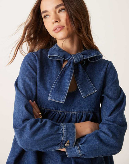 Denim bow neck top in indigo