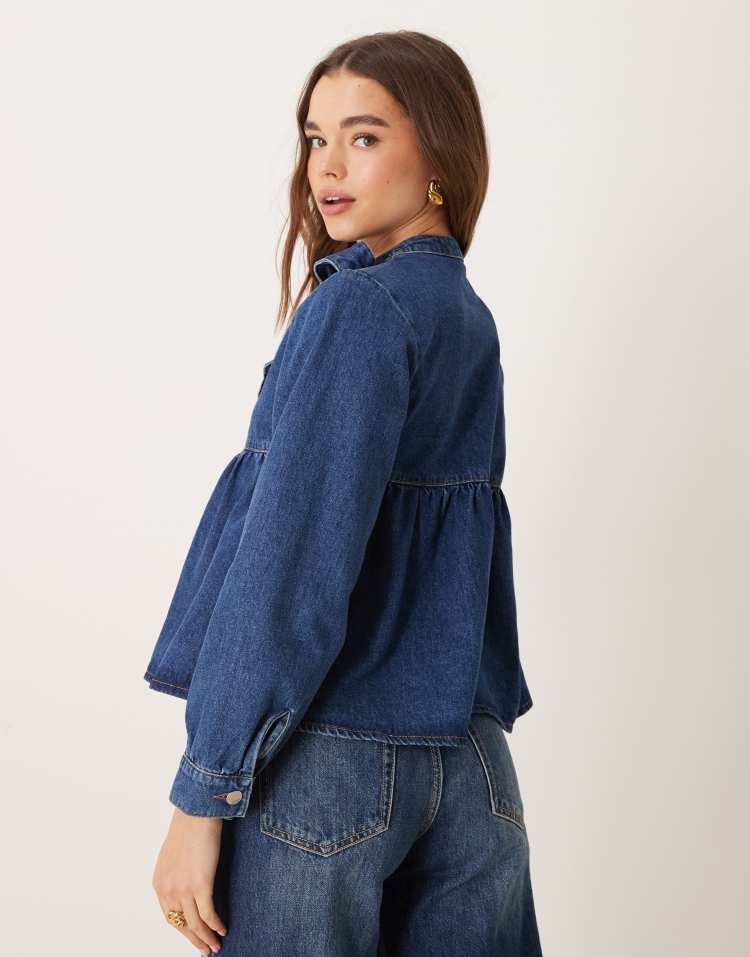 Denim bow neck top in indigo