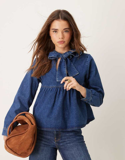 Denim bow neck top in indigo