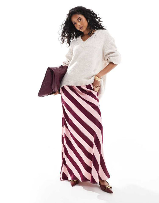 Satin bias maxi skirt in burgundy and pink stripe