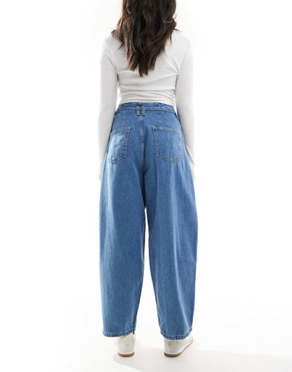 Tailored barrel leg jeans with tie belt in light mid blue