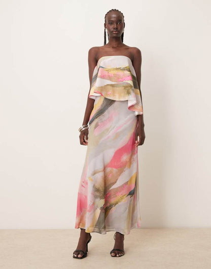 Bandeau asymmetric contrast fabric bias maxi dress in brushstroke print