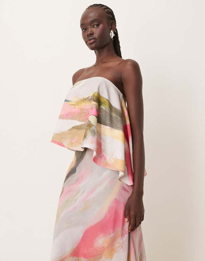 Bandeau asymmetric contrast fabric bias maxi dress in brushstroke print