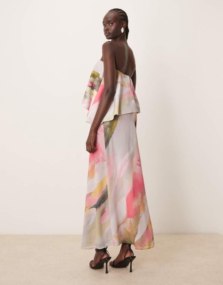 Bandeau asymmetric contrast fabric bias maxi dress in brushstroke print