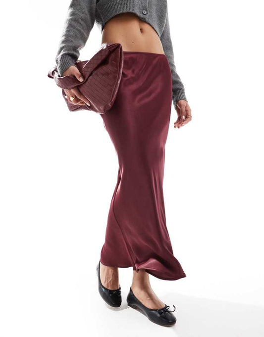 Satin maxi skirt in burgundy