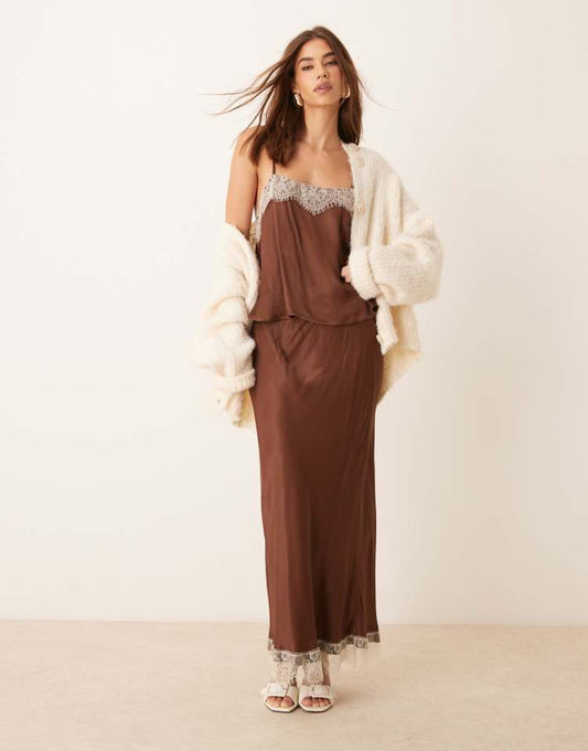 Satin maxi skirt co-ord with lace hem in brown