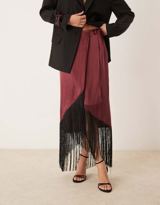 Satin wrap skirt with fringe hem in burgundy