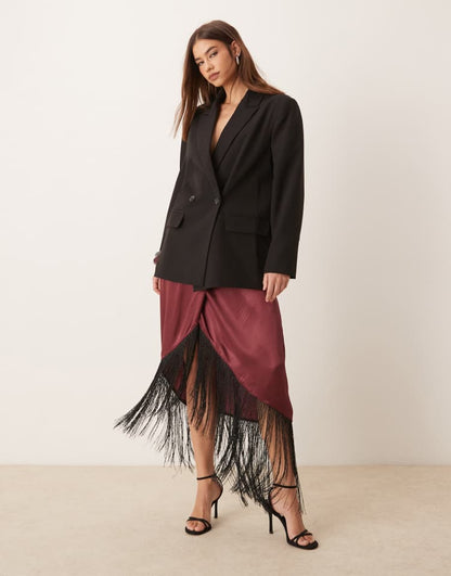 Satin wrap skirt with fringe hem in burgundy