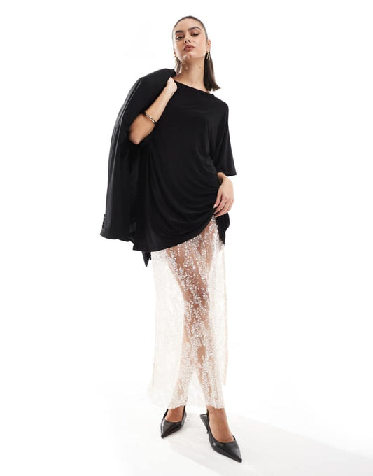 2 in 1 black T-shirt sequin midi skirt