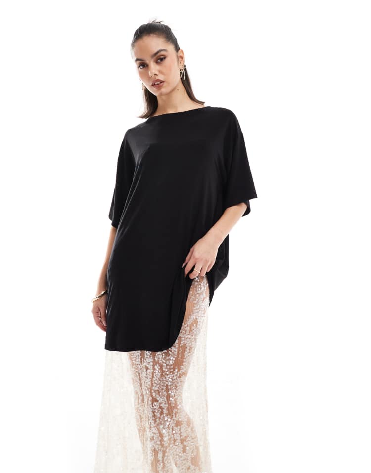 2 in 1 black T-shirt sequin midi skirt