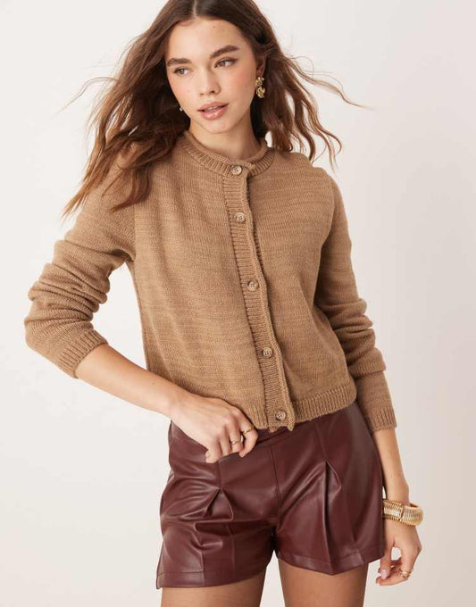 Crew neck cardigan with rolled edge detail in taupe