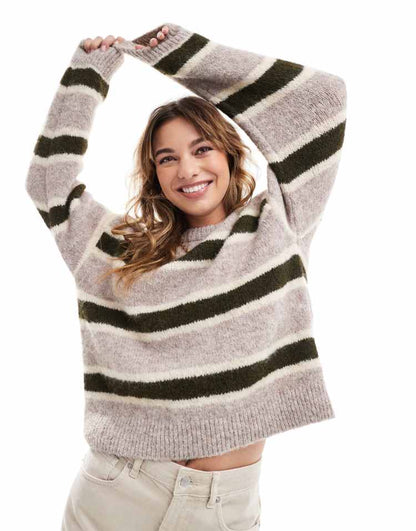 Wool blend fluffy knitted jumper in green stripe