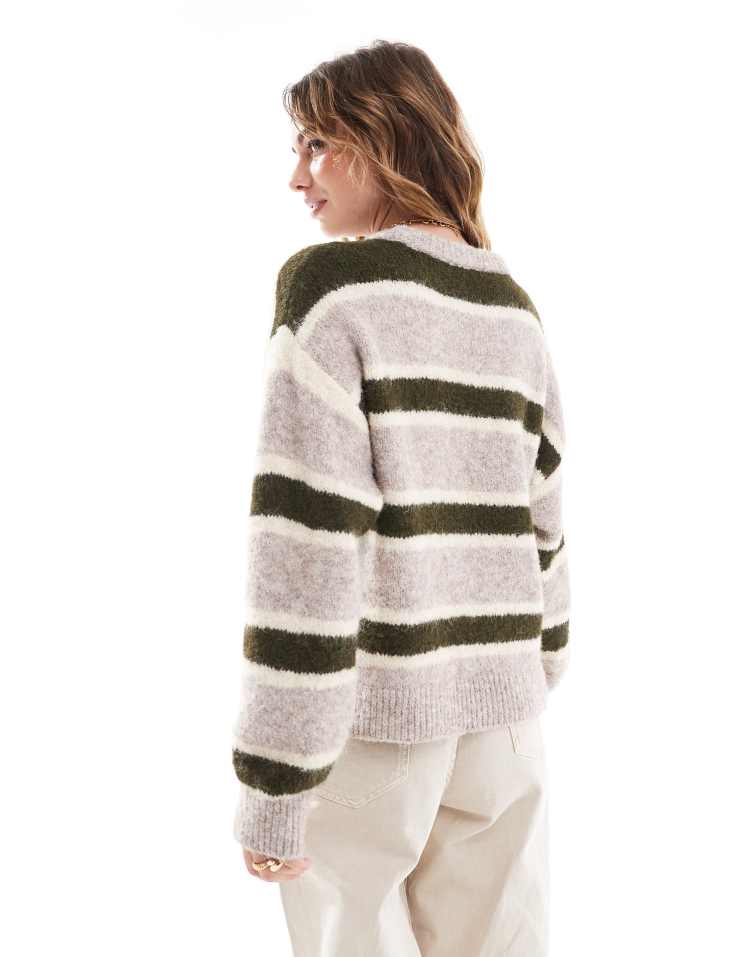 Wool blend fluffy knitted jumper in green stripe