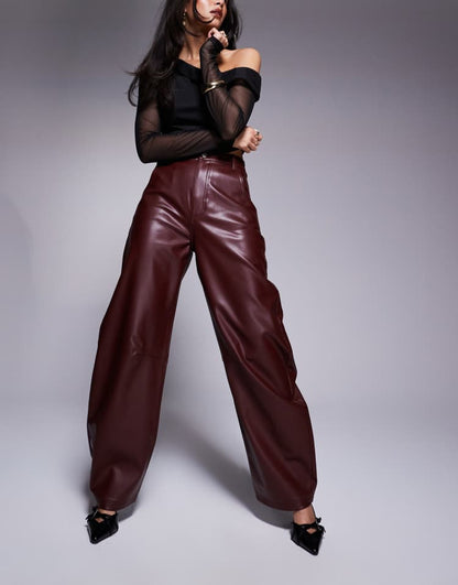 High rise faux leather barrel leg trouser in burgundy