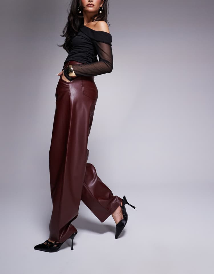 High rise faux leather barrel leg trouser in burgundy