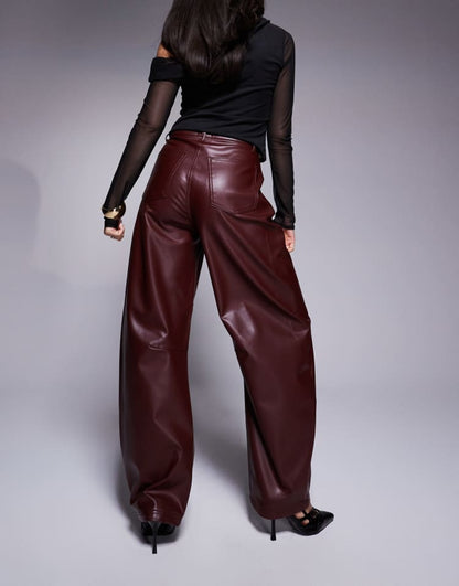 High rise faux leather barrel leg trouser in burgundy