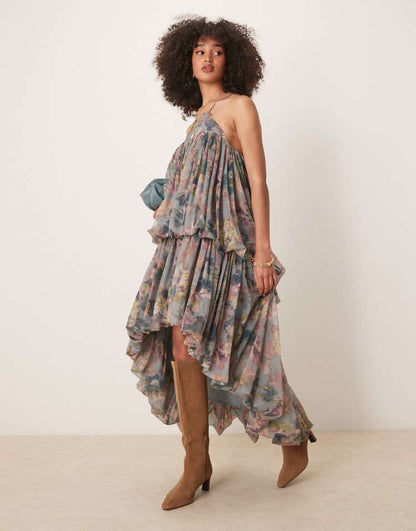 Extreme double puff strappy maxi dress with high low hem in floral print