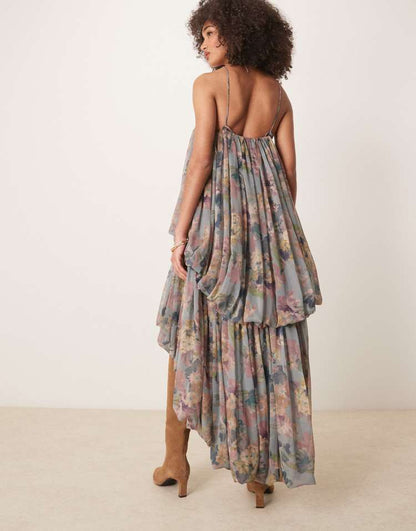 Extreme double puff strappy maxi dress with high low hem in floral print