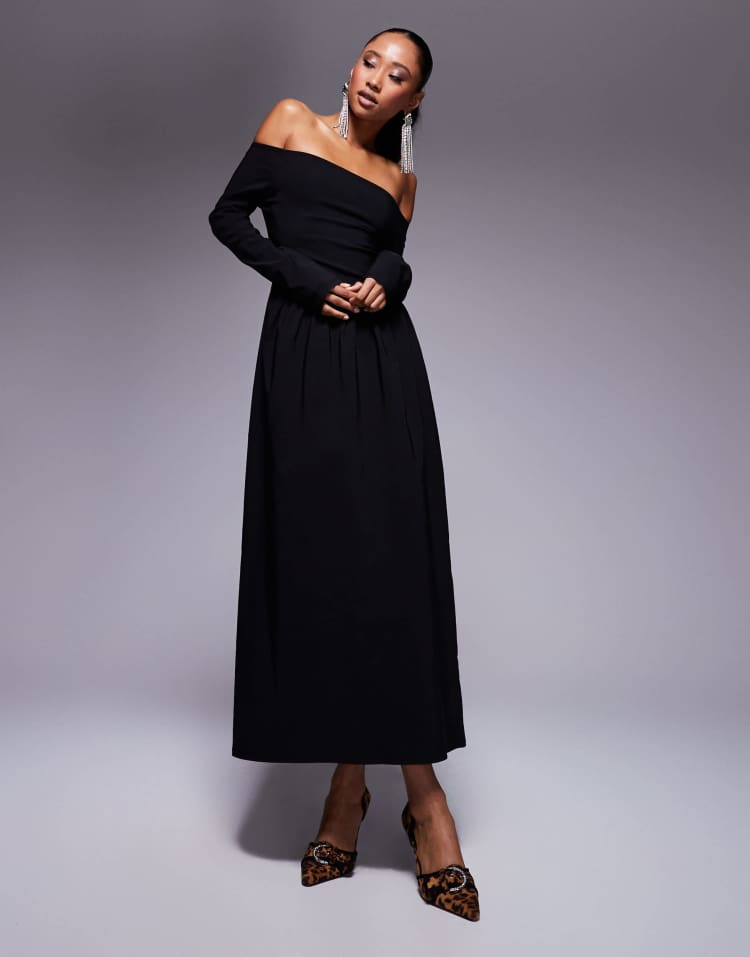 Bengaline long sleeve bardot midi dress in black