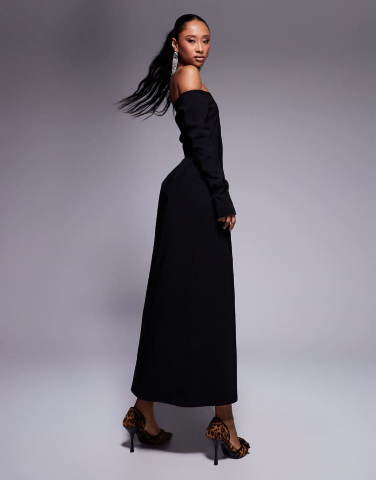 Bengaline long sleeve bardot midi dress in black