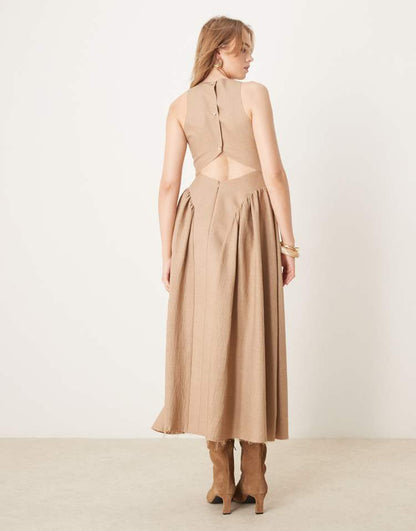 Structured bonded midi dress with open back detail in stone