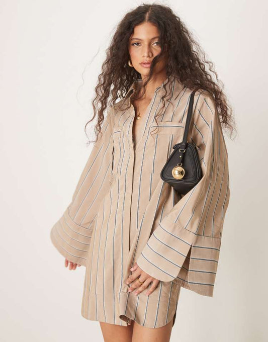 Mini shirt dress with wide cuffs and oversized pockets in tan stripe