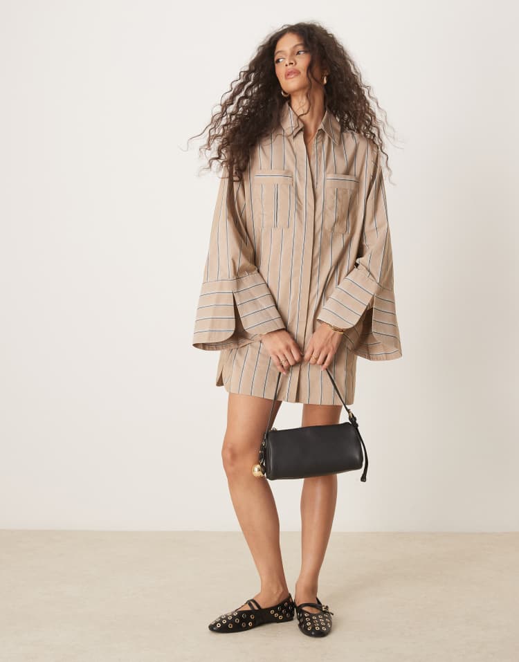 Mini shirt dress with wide cuffs and oversized pockets in tan stripe