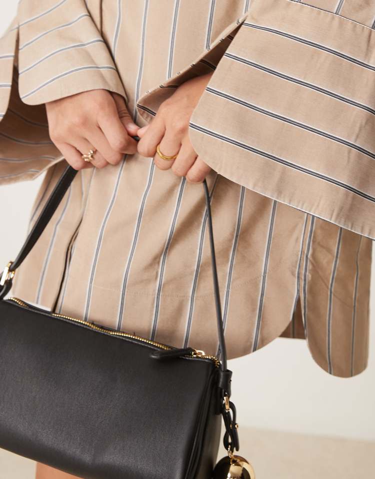 Mini shirt dress with wide cuffs and oversized pockets in tan stripe