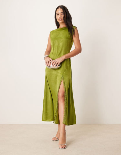 Lace sleeve split maxi dress in olive