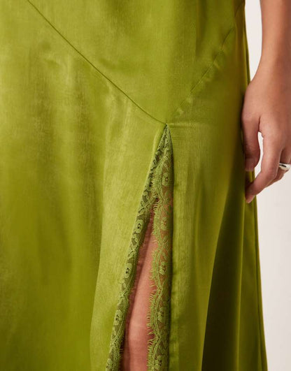 Lace sleeve split maxi dress in olive