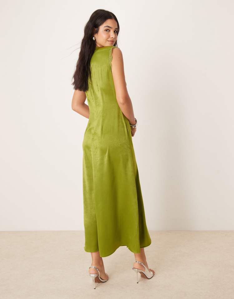 Lace sleeve split maxi dress in olive