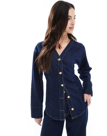 Collarless v neck denim shirt in rinse co-ord