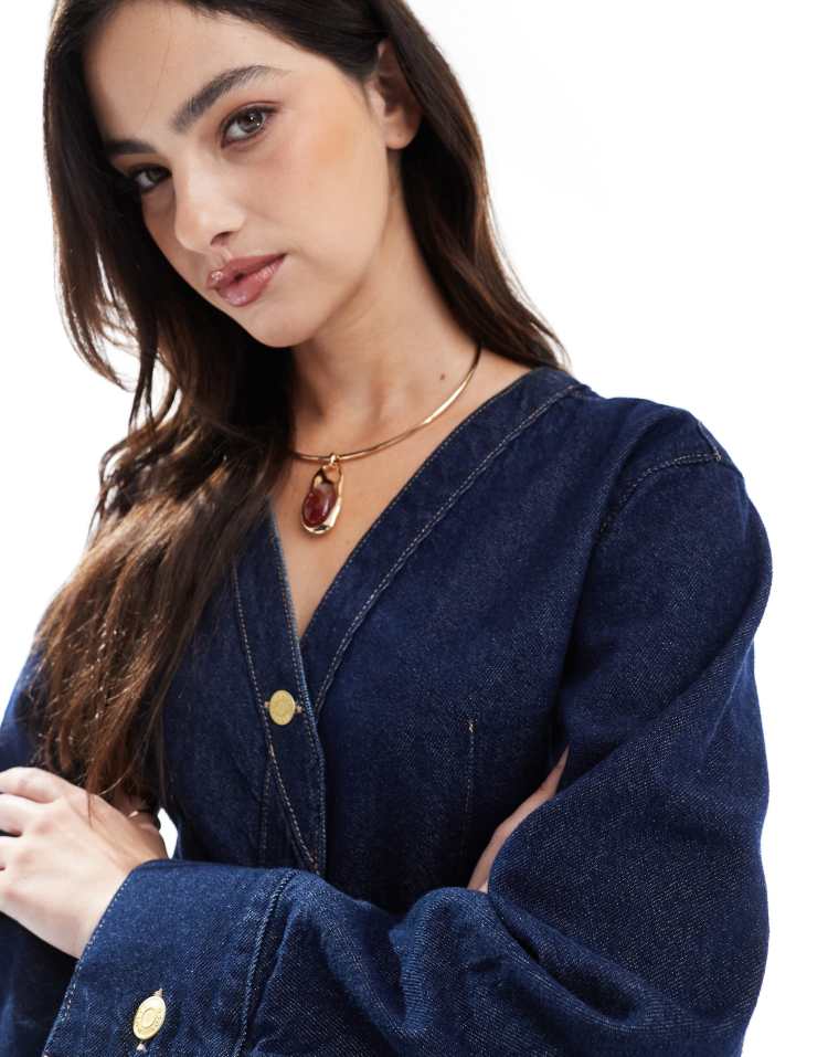 Collarless v neck denim shirt in rinse co-ord