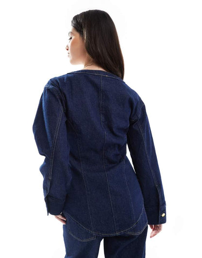 Collarless v neck denim shirt in rinse co-ord