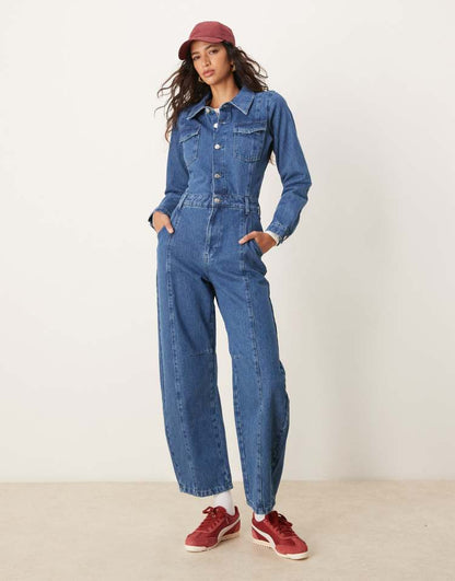 Denim barrel leg long sleeve jumpsuit in indigo