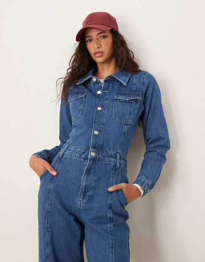 Denim barrel leg long sleeve jumpsuit in indigo