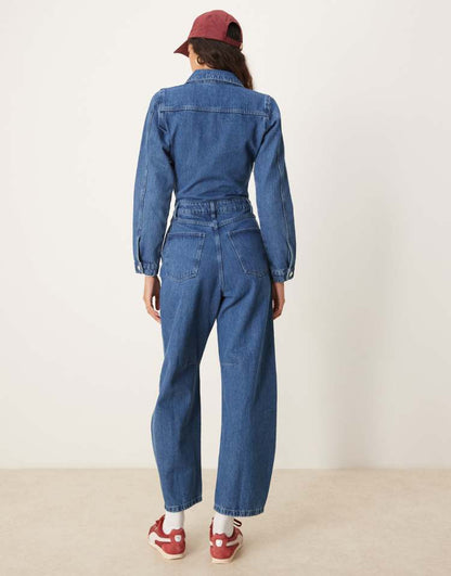 Denim barrel leg long sleeve jumpsuit in indigo