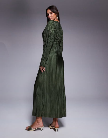 Plisse high neck long sleeve wrap waist maxi dress in khaki