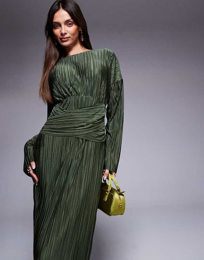 Plisse high neck long sleeve wrap waist maxi dress in khaki